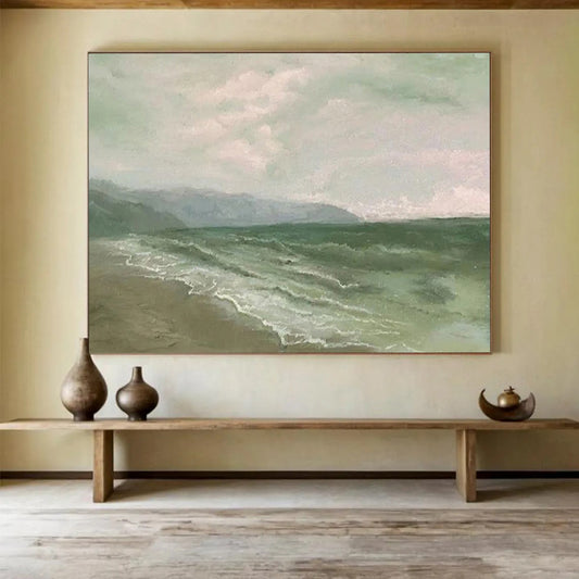 “Muted Seaside” - Greens, blues, soft grays; tranquil, realistic - leaning seascape CT1522