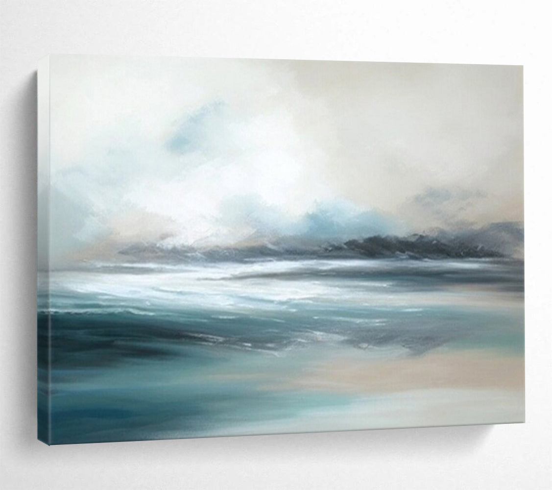 “Soft - Toned Seaside” - A hazy seascape in light blue, white, and gray CT1638