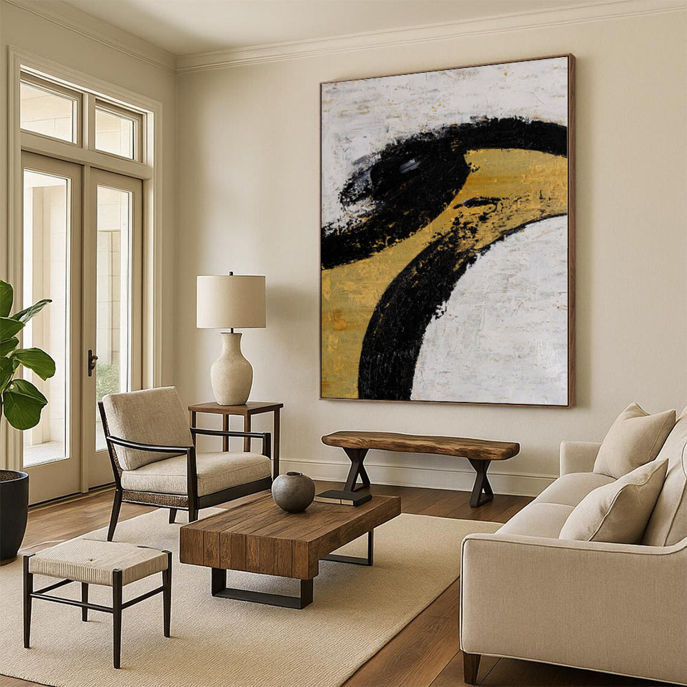 “Elegant Curves” - Abstract Painting with Black, Gold, White CT0039
