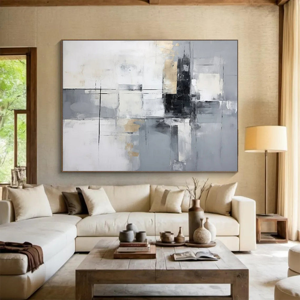 “Gray - Gold Grid” - White, gray, gold; intersecting lines and blocks with gold accents CT1574