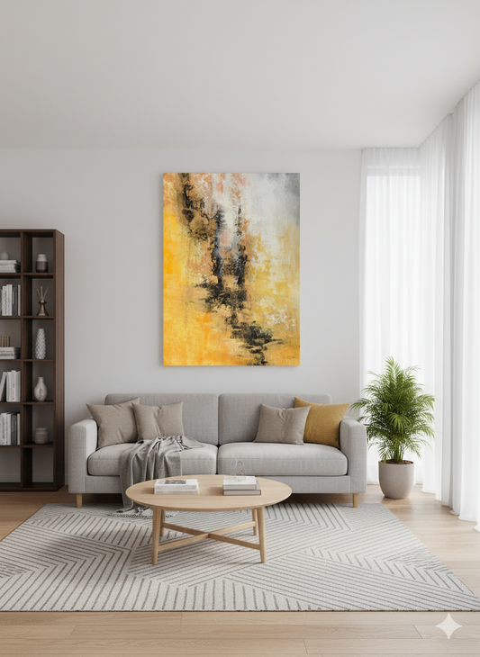 Unveiling Layers of Emotion: An In-Depth Appreciation of "Abstract Art with Yellow, Gray, Black, White CT0041"