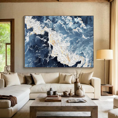 “Sea Splash” - Hues of dark blue, light blue, white, and gold; surging waves with golden glints in the spray CT1528