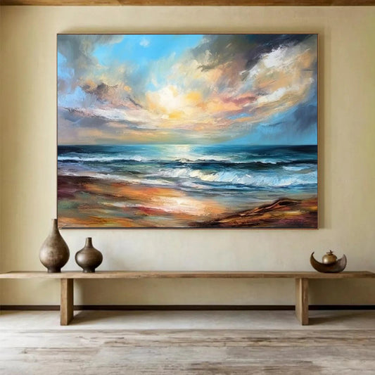 “Realistic Seaside Sunset II” - Blue, orange, yellow, purple; detailed sunset beach scene (twin piece) CT1594