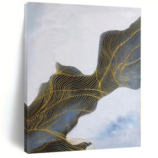 “Blue and Gold Wavy Lines”，Line - Driven Abstract Painting CT0357
