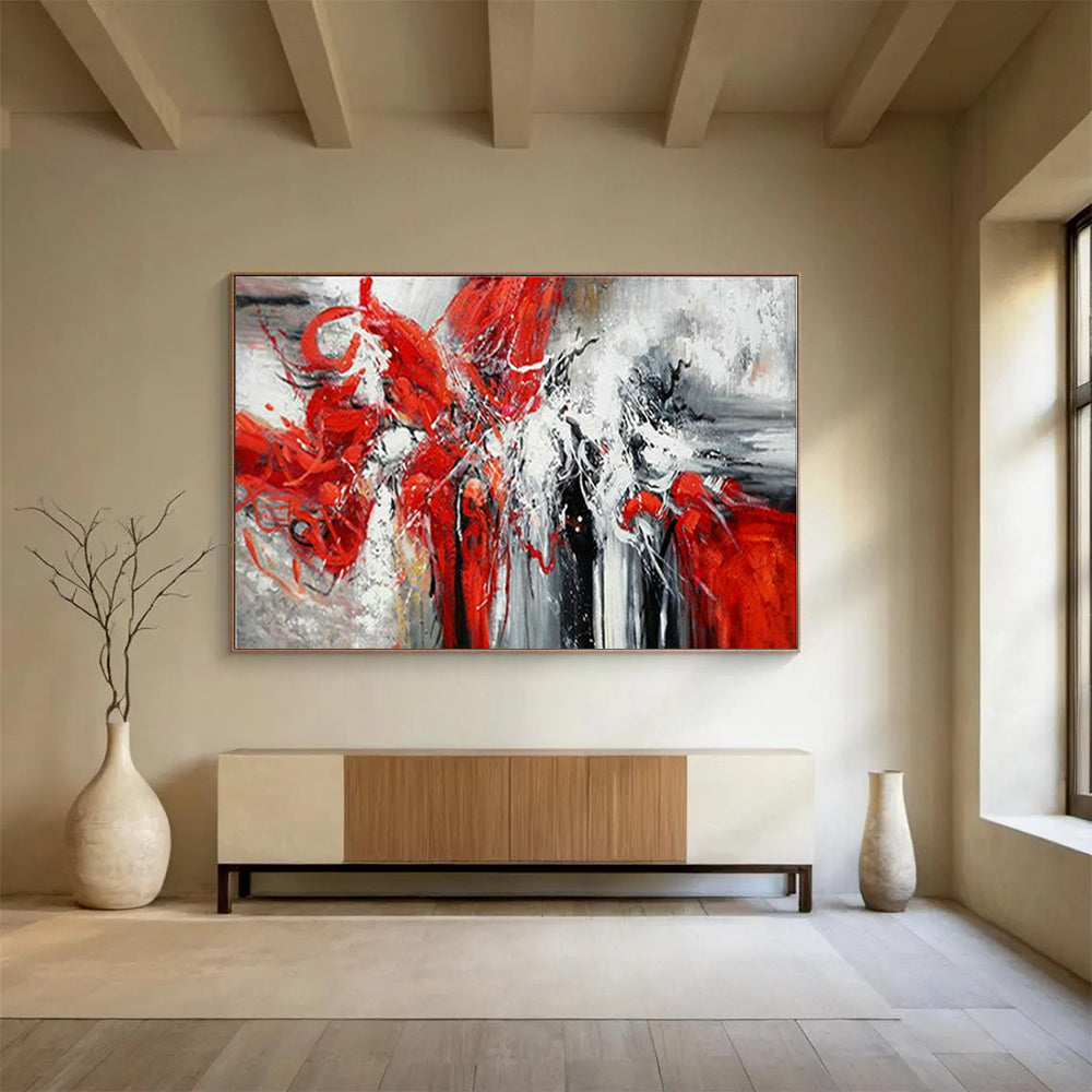 “Scarlet Rhapsody” - Red, white, gray; dynamic, swirling red forms against muted background CT1485