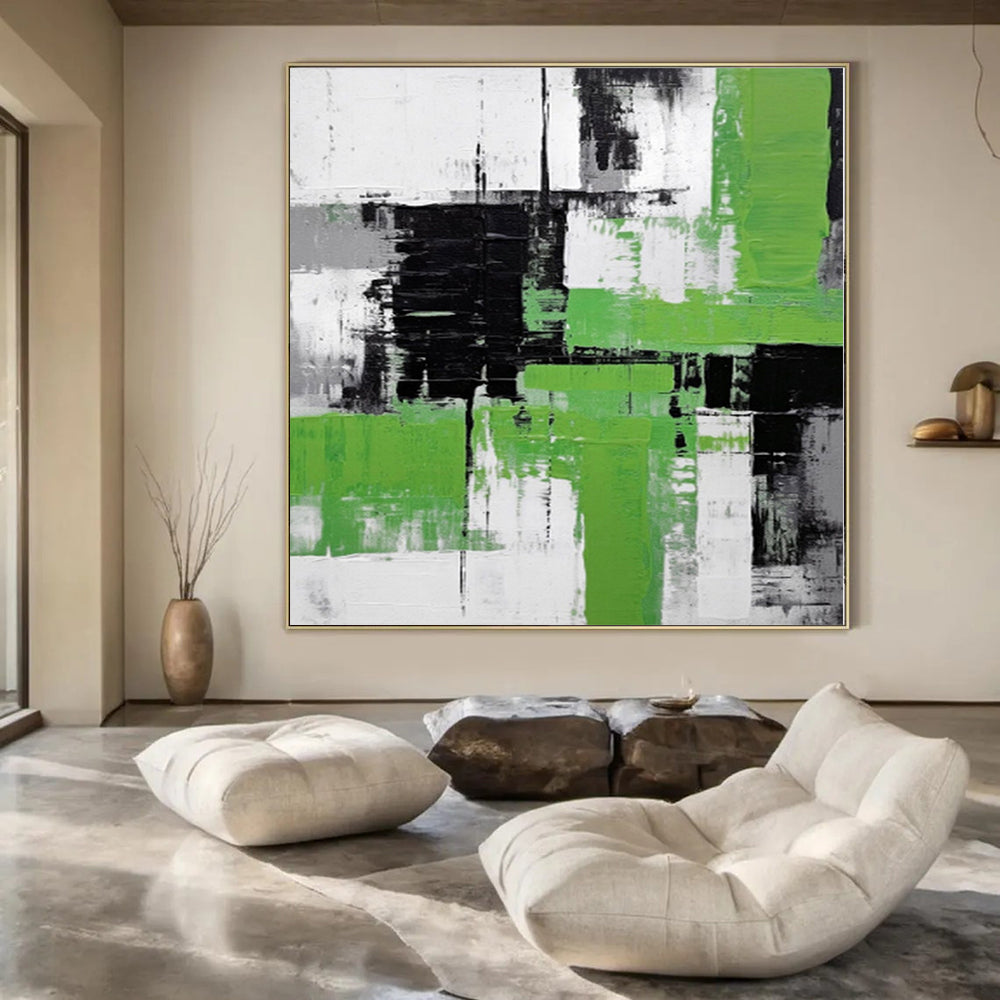 “Green, Black, and White Abstract Layers” Dynamic Acrylic Art CT0181