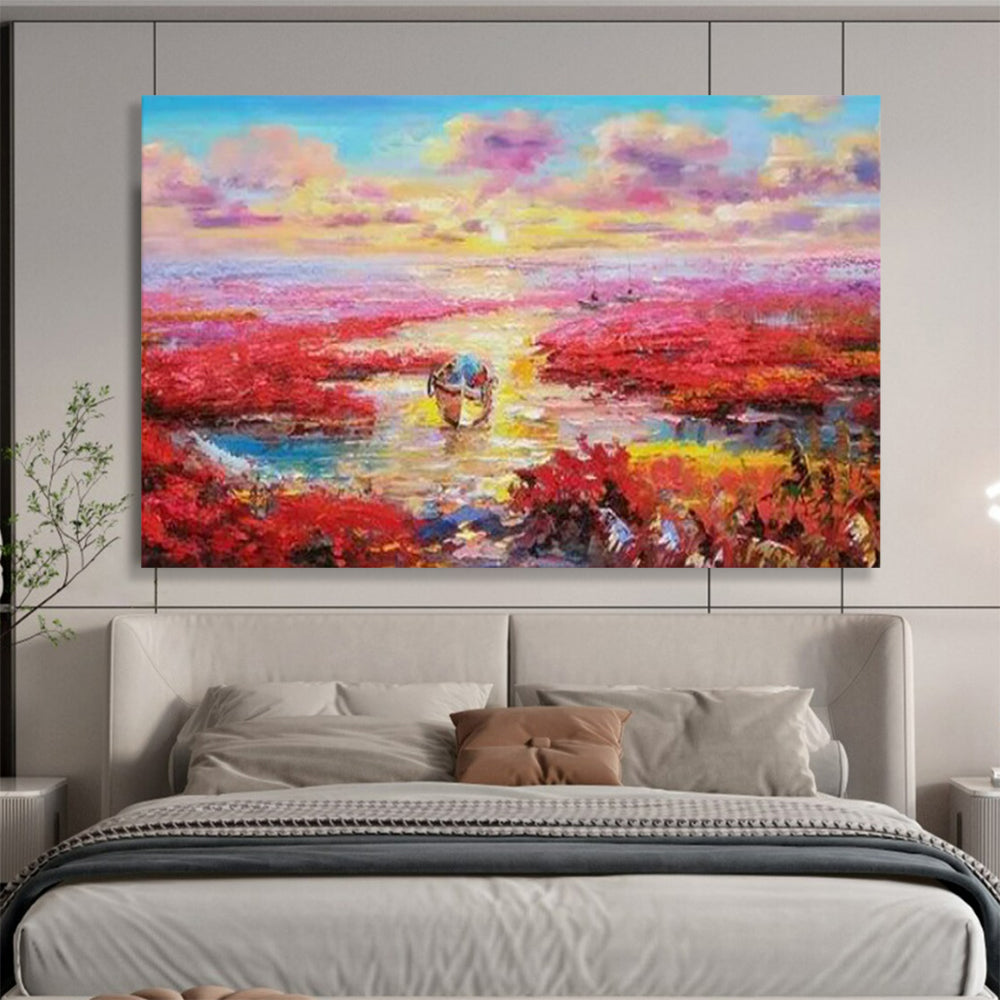 Pink Wetlands at Sunset with Boats - Romantic Oil Landscape CT1799