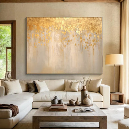 “Golden Drizzle” - Shades of gold, beige, and light gray; golden paint drips and spots on a muted background CT1535