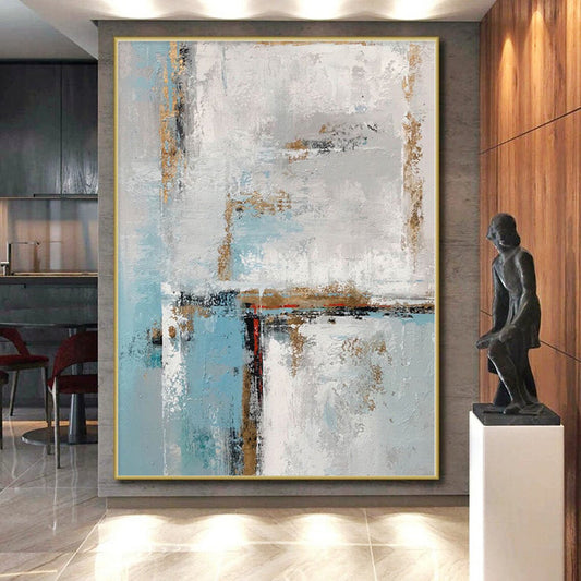 “Blue - White Abstract with Gold Edges”，Minimalist Abstract Painting CT0375