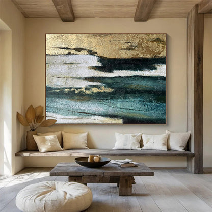 “Gold - Teal Textured Layers” - Teals, golds, whites; layered, textured abstraction with metallic highlights CT1633