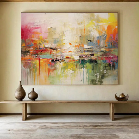 “Vibrant Abstract Landscape” - A mix of bright pinks, oranges, yellows, greens, and blues; a chaotic yet harmonious abstract representation of a landscape CT1536
