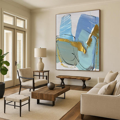 “Blue - Gold Textured Abstraction” - Abstract Expressionist Art CT0499