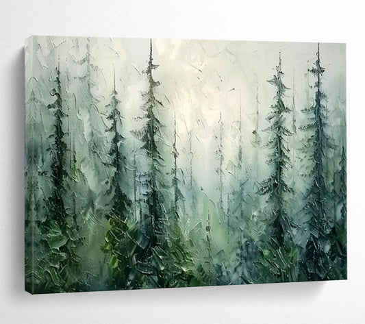 “Misty Forest Whispers” - Greens, blues, whites; textured, atmospheric forest scene CT1600