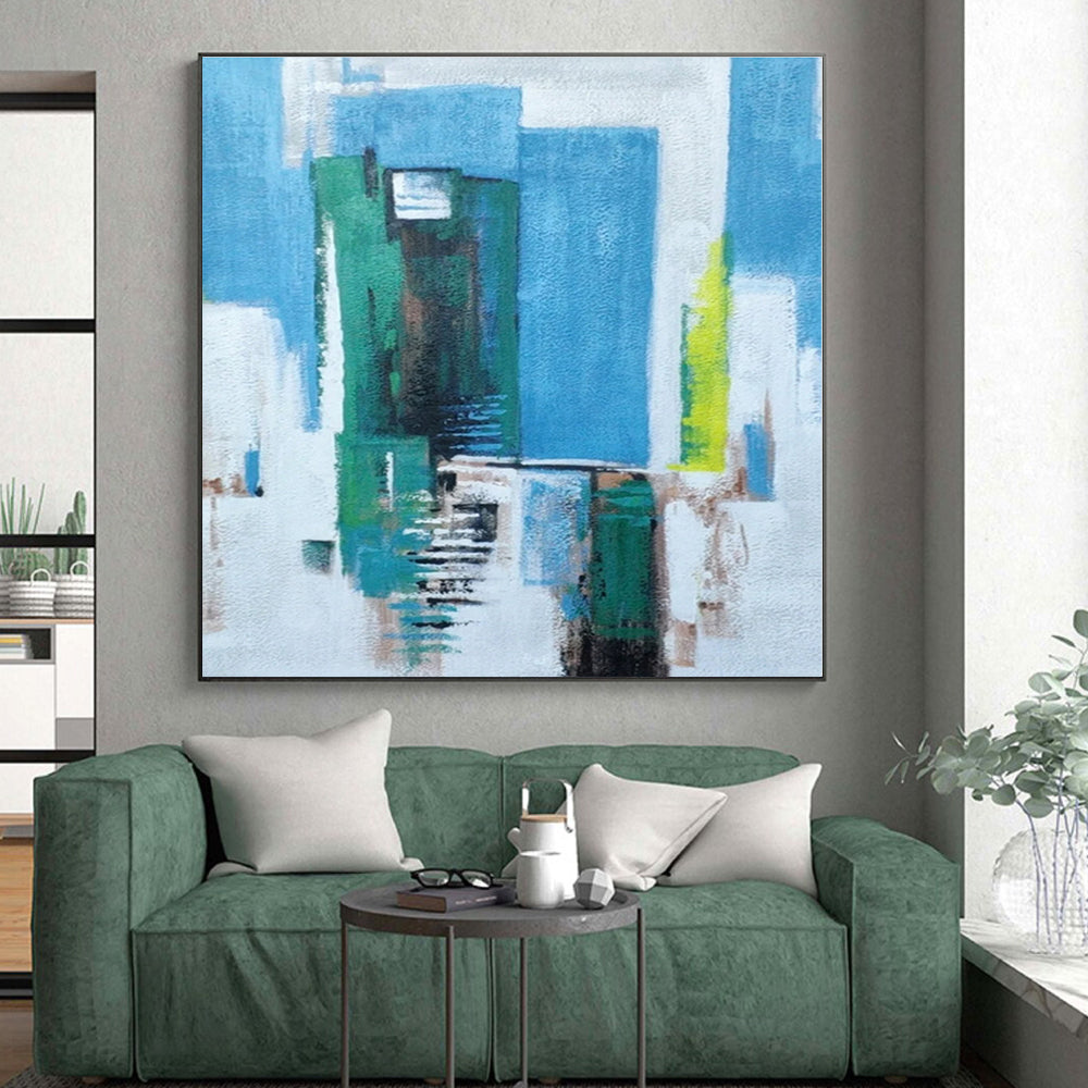 “Blue - Green Urban Abstraction” - Abstract Cityscape Art CT0465