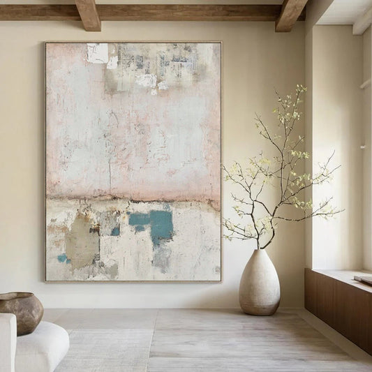 “Soft Pink Collage” - Abstract Painting with Pink, Blue, Gray, White CT0109