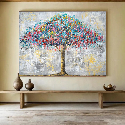 “Rainbow Tree” - Vivid blues, reds, yellows; textured, colorful tree against gray CT1514