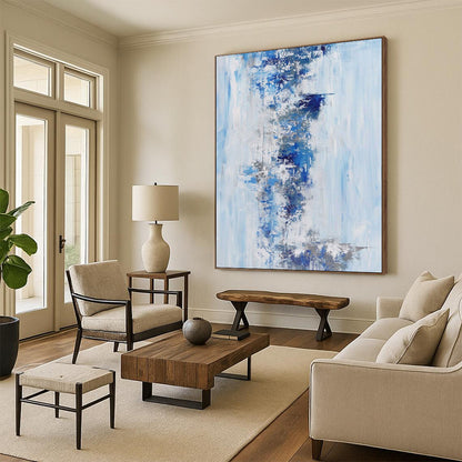 “Blue & Gray Waterfall” - Abstract Painting with Light Blue, Dark Blue, Gray CT0072