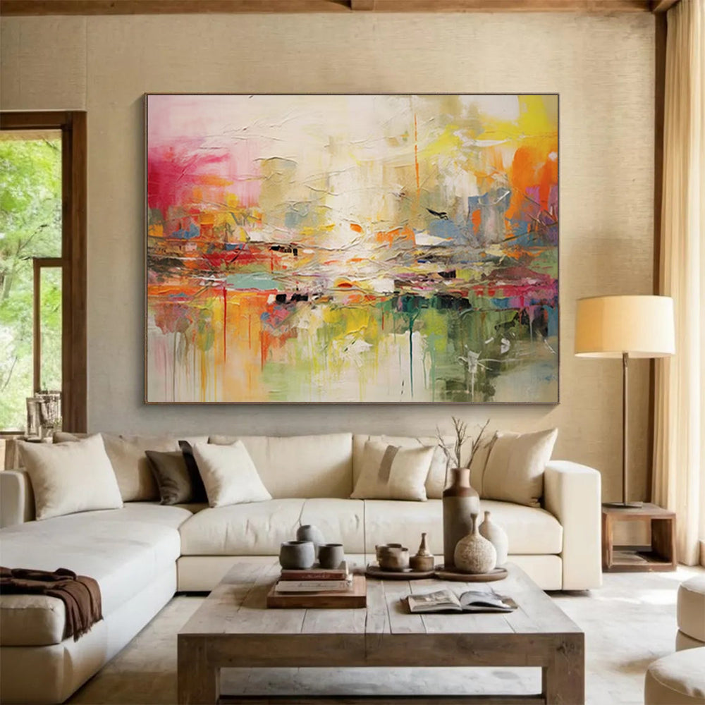 “Vibrant Abstract Landscape” - A mix of bright pinks, oranges, yellows, greens, and blues; a chaotic yet harmonious abstract representation of a landscape CT1536