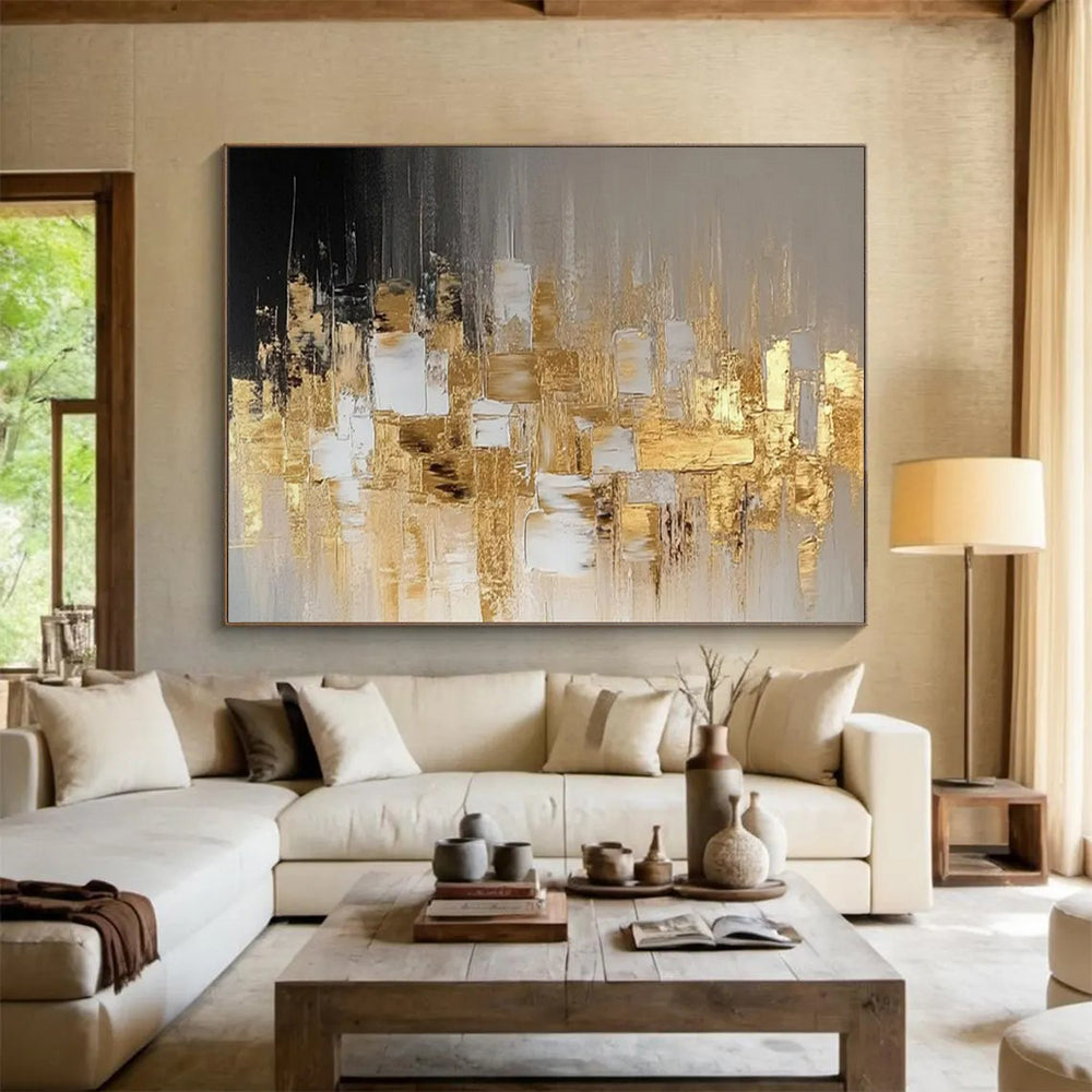 “Gilded Urban Silhouette” - Black, gray, gold; abstract squares and lines form a city - like shape CT1555