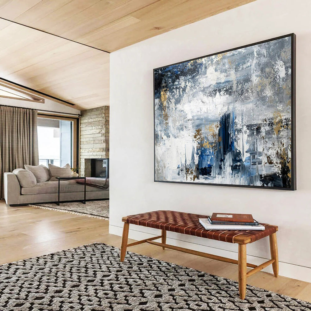 “Blue - Gray Gold Abstract” - Blues, grays, golds; textured, moody abstraction with gold accents CT1623