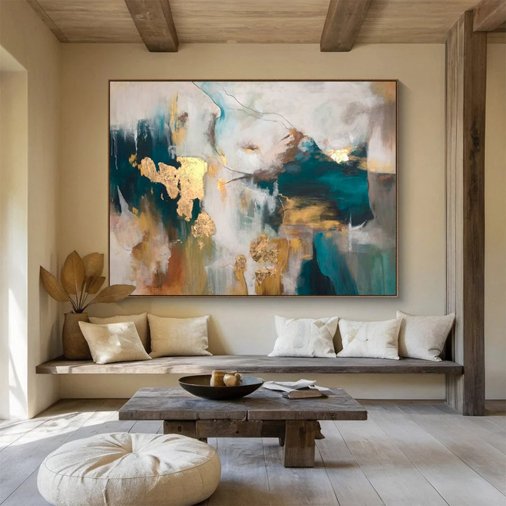 “Teal - Gold Abstract Fusion” - Teals, golds, whites; bold, textured abstraction with metallic flakes CT1632