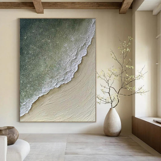 “Green - Beige Textured Coastal Shore” Mixed - Media Art CT0134