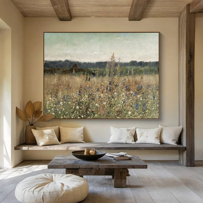 “Meadow Reverie” - Soft greens, yellows, blues; tranquil field with wildflowers, distant cottage CT1486