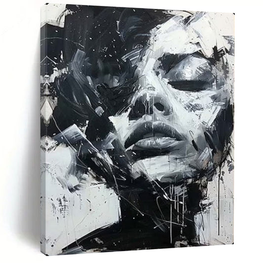 “Dynamic Black - and - White Abstract Face” – Expressive Impasto Portrait Painting On Canvas CT2139