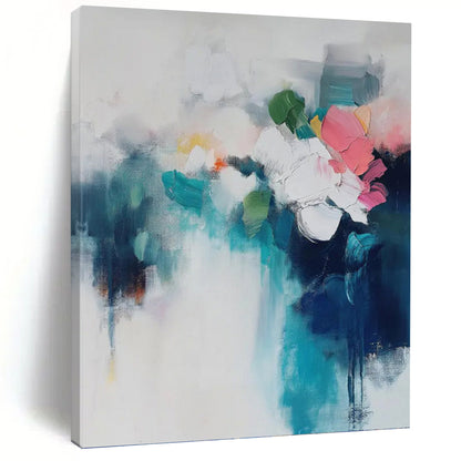 “Colorful Abstract Floral Bouquet” - Blue, White, Pink & Green Impressionistic Flower Painting On Canvas DKH0996