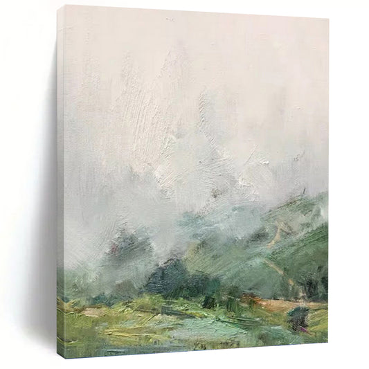 “Misty Valley” - Green, Gray & White Impressionistic Landscape Painting On Canvas DKH1541