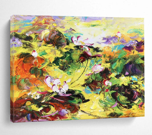 Vibrant Lotus Pond - Expressionistic Floral Painting On Canvas DKH635