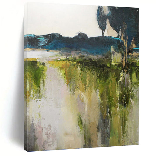 “Green & Blue Landscape Abstract” - Green, Blue & Gray Impressionistic Landscape Painting On Canvas DKH1015