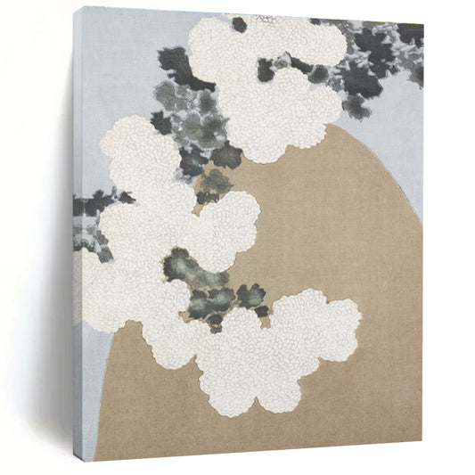 White Flowers & Gray Foliage on Beige, “Chrysanthemum Serenity” - Traditional - Inspired Acrylic Painting CT0750