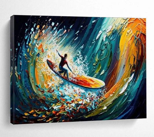 “Surfing the Color Wave” - Vibrant Multicolor Impasto Action Painting On Canvas DLZ259