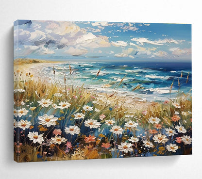 “Seaside Wildflowers”：Impasto Coastal Landscape Painting On Canvas DKH255