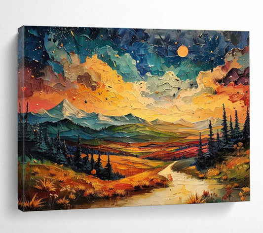 “Vibrant Mountain Sunset”：Colorful Impasto Landscape Painting On Canvas DKH252