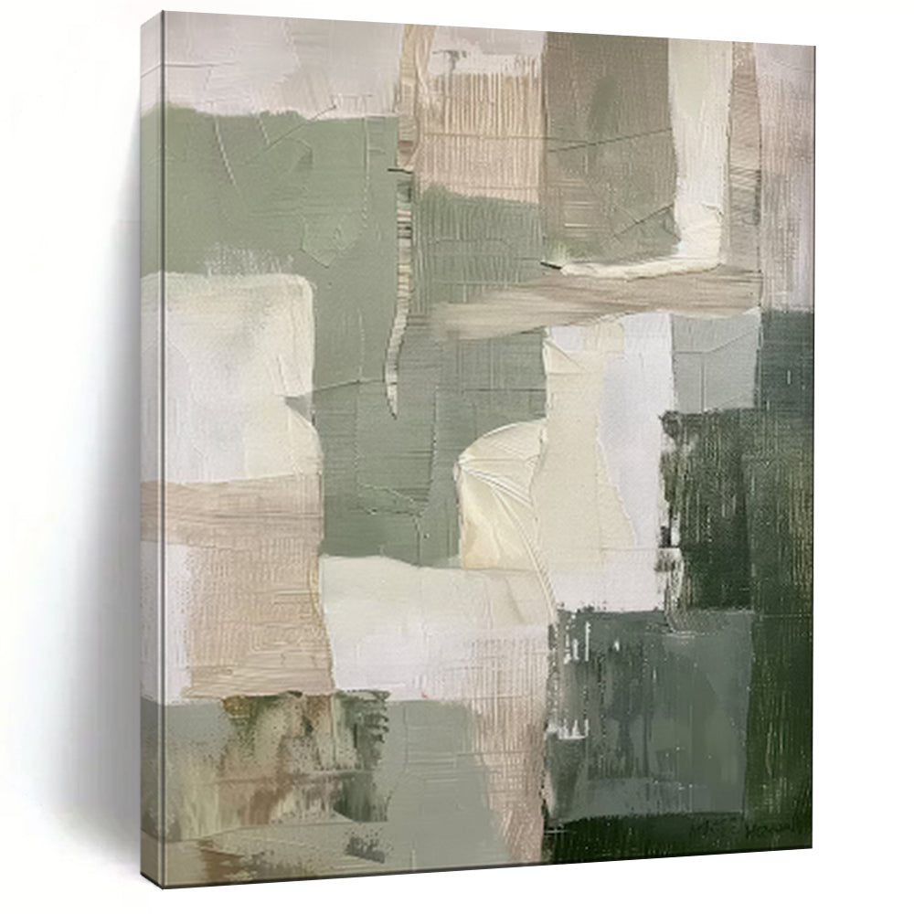 “Earthy Tones Patchwork” – Abstract Geometric Oil Painting with Green and Beige Blocks CT2053