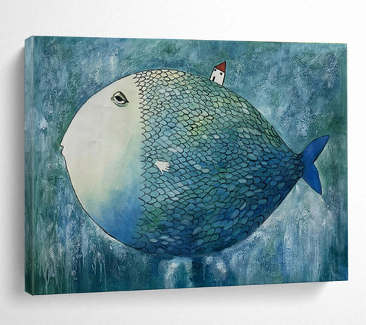 Whimsical Big Fish with House Surreal Painting On Canvas DKH218