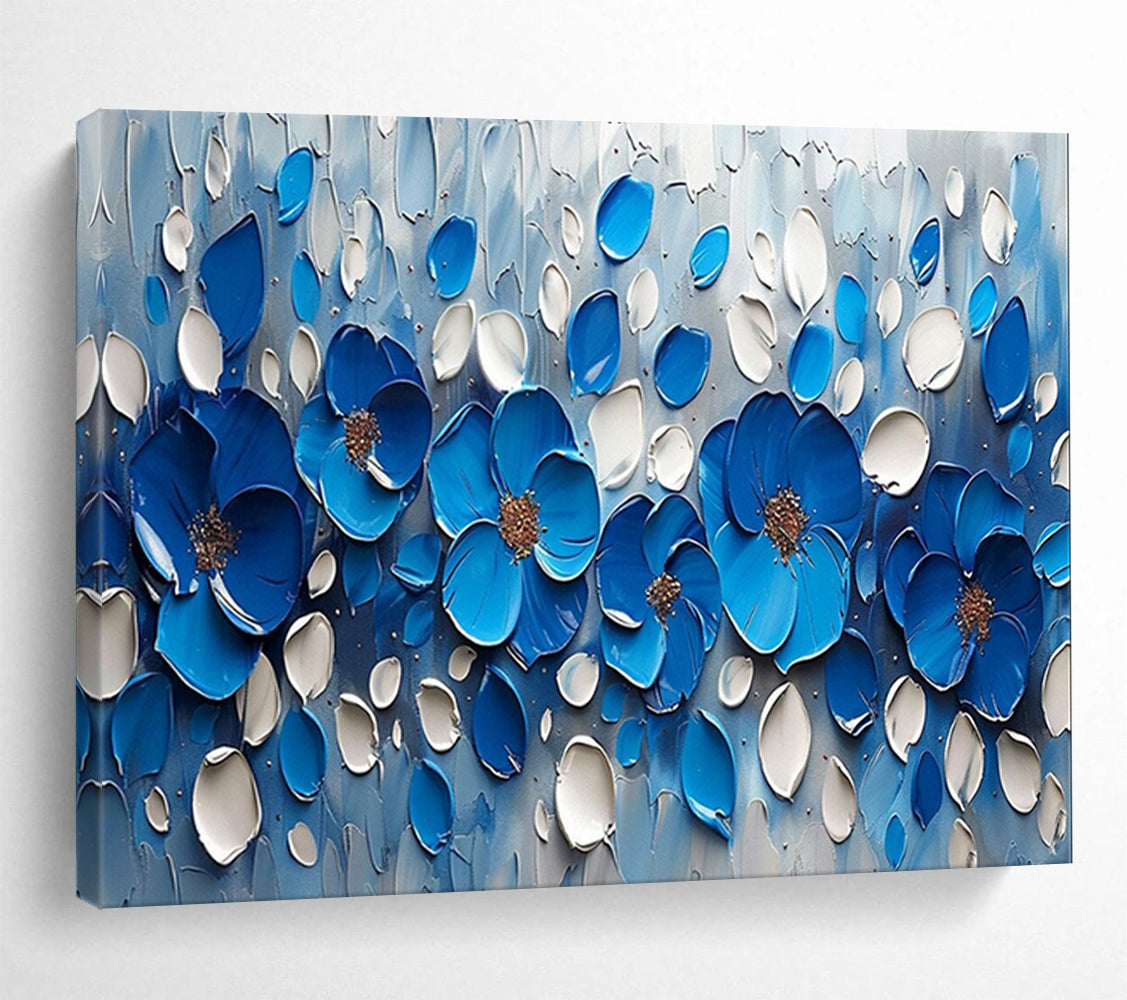 Blue and White Textured Flowers - 3D Botanical Painting On Canvas DLZ173