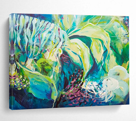 Abstract Floral in Green and Blue - Expressive Brushstrokes and Nature - Inspired Forms Painting On Canvas DKH055