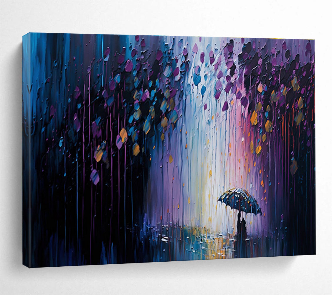 Rainy Night Stroll - Purple & Blue Impressionistic Cityscape Painting On Canvas DKH876