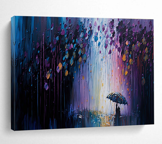 Rainy Night Stroll - Purple & Blue Impressionistic Cityscape Painting On Canvas DKH876