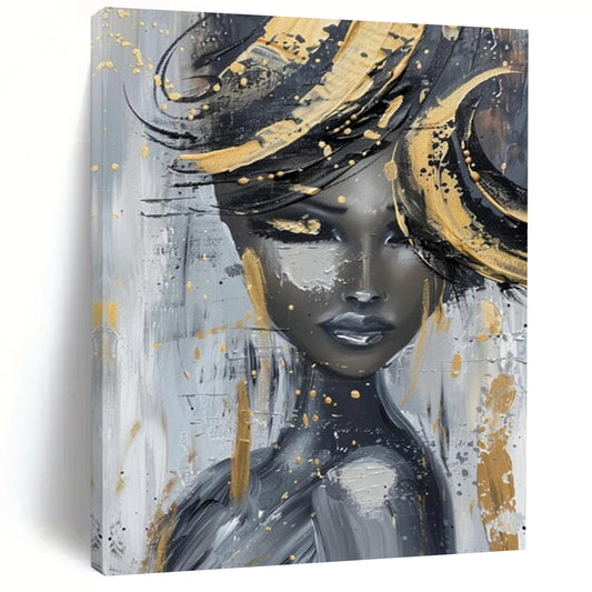 “Glamorous Gold - Accented Lady” - Gray, Black & Gold Abstract Figure Painting On Canvas CT2196