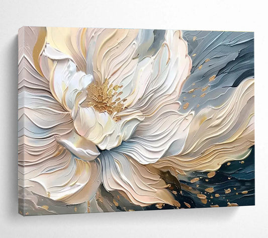 “Gilded Bloom” - White, Gold, Blue Textured Floral Impasto Painting On Canvas DKH703