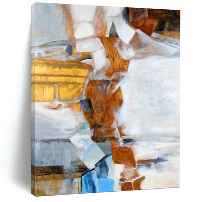 “Geometric Collage in Warm Tones” - Brown, White & Blue Cubist - Style Painting On Canvas DKH0937