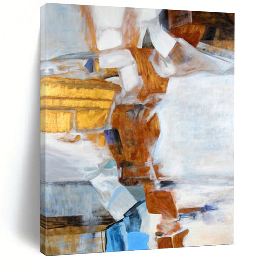 “Geometric Collage in Warm Tones” - Brown, White & Blue Cubist - Style Painting On Canvas DKH0937