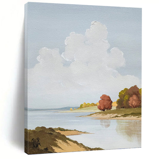 Serene Riverbank in Soft Blues and Greens - Landscape Painting On Canvas DKH1436