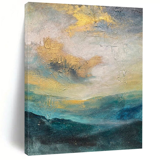 “Gold, Blue, Gray Hazy Landscape” – Abstract Landscape Painting CT1004