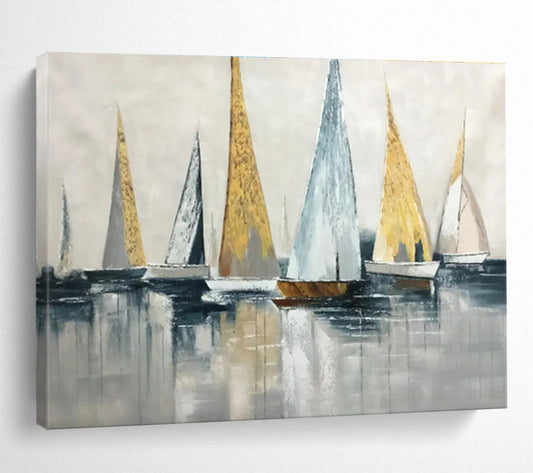 “Gold and Gray Sailboat Abstract” Painting On Canvas DKH169