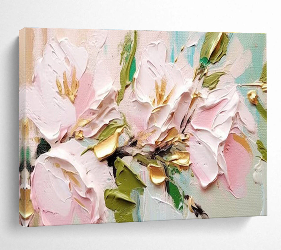 “Pink Flowers with Gold Accents”：Textured Floral Painting On Canvas DKH253